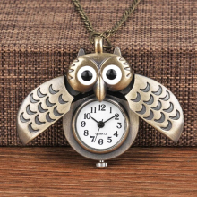 6104Retro Cartoon Bronze Owl Wings Open Small Quartz Pocket Watch Childrens Gift with Necklace