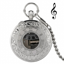 Silver Musical Movement Pocket Watch Quartz Hand Crank Playing Music Watch Fob Chain Pendant Clock Happy Year