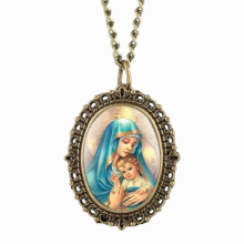 Bronze Oval Pocket Watch for Women Virgin Mary Pattern Pocket Watches for Unisex Analog Quartz Necklace Pocket Watch for Teen