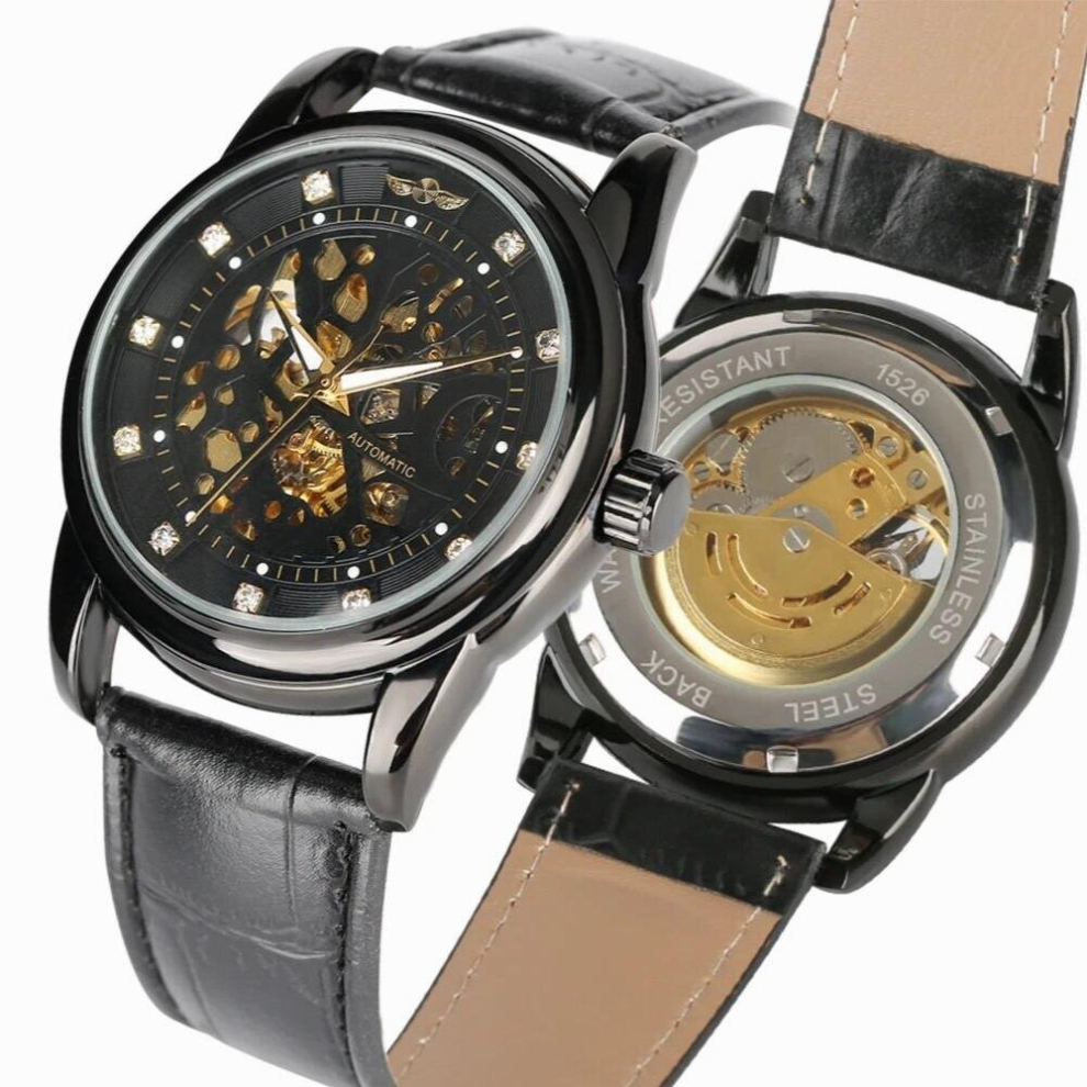 Mens Business Automatic Mechanical Watches Stainless Steel Case With Brown Leather Watchband Classic Skeleton Watch-image-OPC-PCY9PZV-NEW