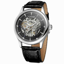 T-WINNER casual mens watch hollow dial silver case leather strap automatic mechanical watch