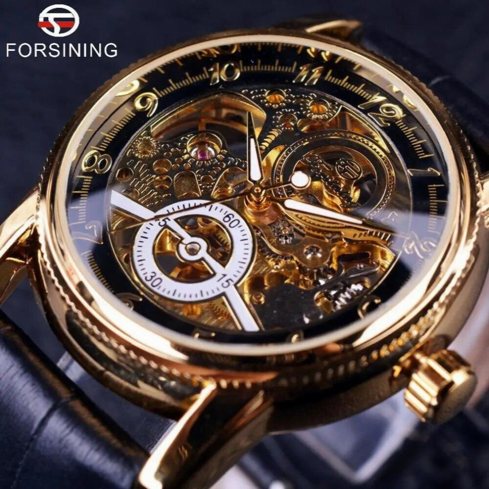 Winner Golden Case Casual Brown Leather Strap Mens Watches Hollow Out Mechanical Skeleton Transparent Watch