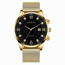 Mens Watches Golden Round Stainless Steel Mesh Casual Gift Clocks Calendar Quartz Watch Reloj