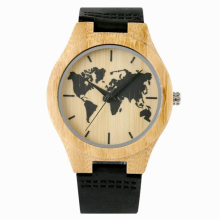 Creative Mens Bamboo Watch World Map Pattern Art Ink Display Men Leather Wristwatch Clock Hour Wooden Watch
