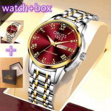 Luminous Dial Mens Watch Quartz Classic Steel Belt WristwatchLuxury Calendar Business Watch + Box for Men