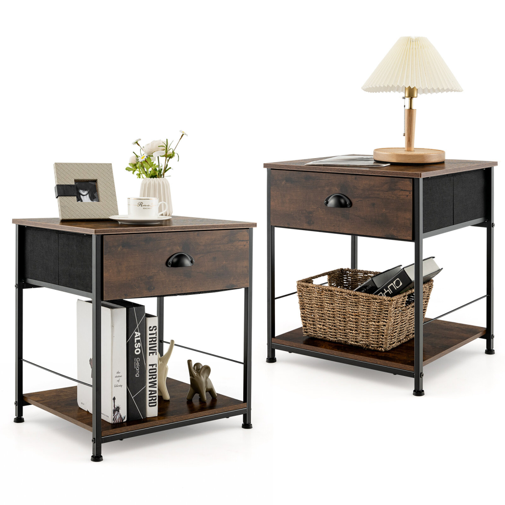 Set of 2 Nightstand 2-tier Bedside End Sofa Coffee Table Storage Table W/ Drawer