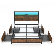 Double Size Bed Frame Metal Bed Platform LED Light Headboard & 4 Storage Drawers