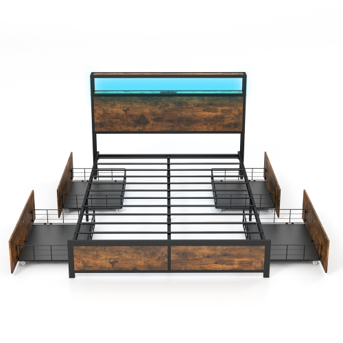 Costway Double Size Bed Frame Metal Bed Platform LED Light Headboard & 4 Storage Drawers