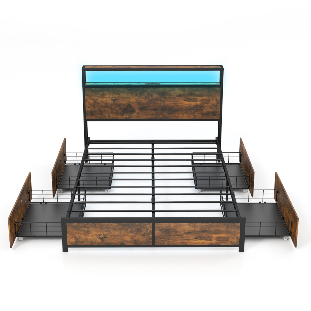 Double Size Bed Frame Metal Bed Platform LED Light Headboard & 4 Storage Drawers