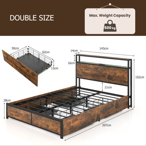 Costway Double Size Bed Frame Metal Bed Platform LED Light Headboard & 4 Storage Drawers 1
