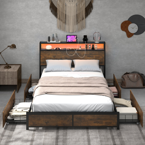 Costway Double Size Bed Frame Metal Bed Platform LED Light Headboard & 4 Storage Drawers 2