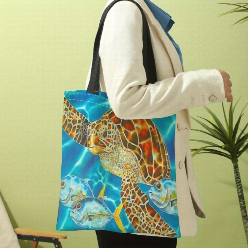 Ocean Turtle Pattern Canvas Tote Bag Cartoon Travel Beach Shoulder Bag Reusable Grocery Shopping Bag Multicoloured