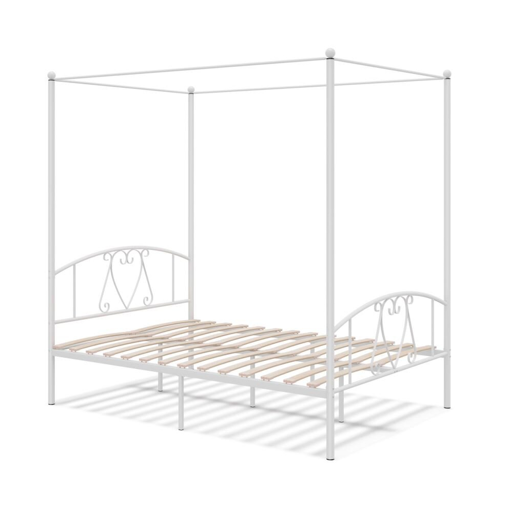 Double Size Metal Canopy Bed Frame 4-Poster Modern Platform Wooden Slat Support