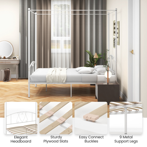 Costway Double Size Metal Canopy Bed Frame 4-Poster Modern Platform Wooden Slat Support 2