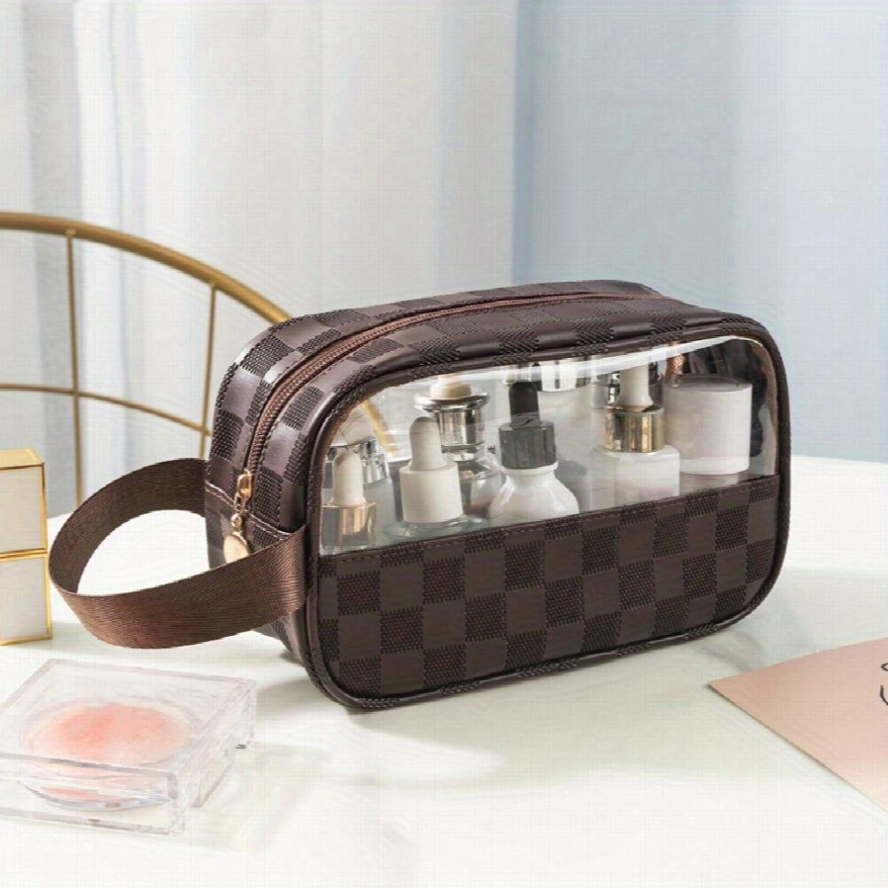 Brown 1Pc Translucent Waterproof Square Cosmetic Bag Portable Toiletry Bag For Travel Large Capacity Cosmetic Storage Bag