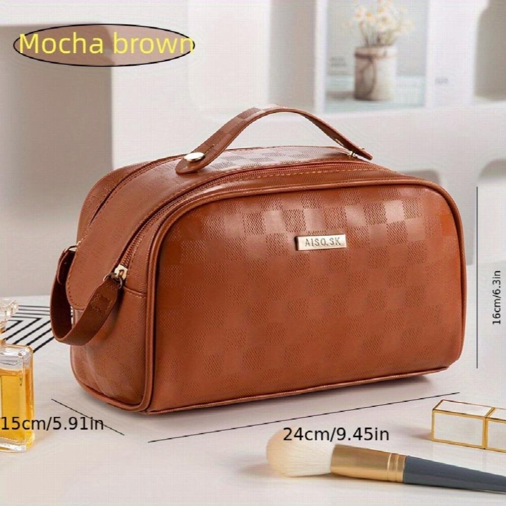 High Checkerboard Large capacity Double Zipper Portable Cosmetic Storage Bag