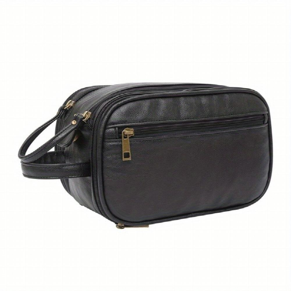 Black Portable Pu Leather Toiletry Bag Travel Storage Bag Large Capacity Cosmetics Bag
