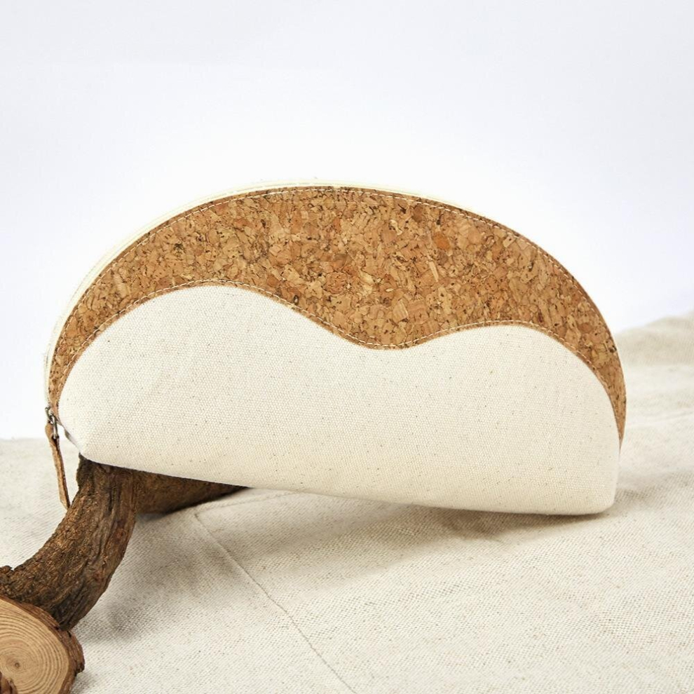 1pc Cotton Canvas Cosmetic Storage Bag Wash Bag Environmentally Friendly Wood Grain Splicing Zipper Travel Toiletry Bag Shell shaped Cosmetic Bag-image-OPC-PCYBHFT-NEW