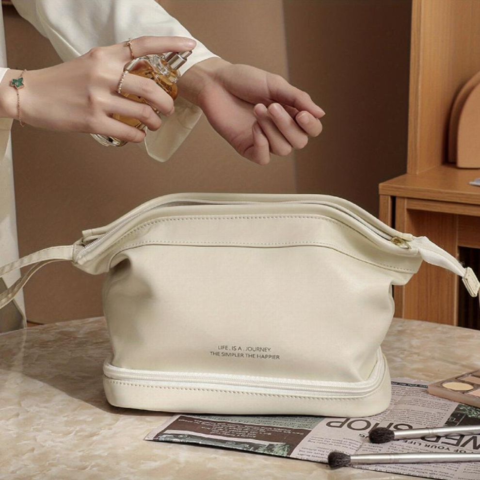 White Large Makeup Bag Double Layer Cosmetic Bag Travel Makeup Bag Leather Makeup Bag Cosmetic Travel Bag Portable Leather Toiletry Bag