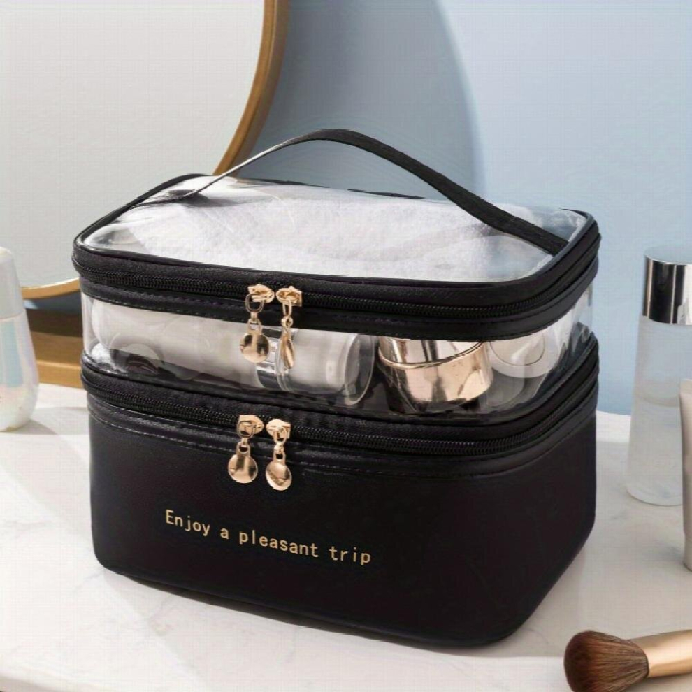 Black Large Capacity Double Layer Cosmetic Bag Pu Transparent Portable Travel Storage Bag Toiletry Bag