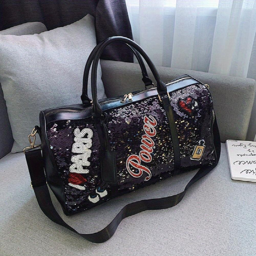 Sequins Decor Glitter Sports Handbag Lightweight Versatile Luggage Bag Zipper Travel Duffle Bag-image-OPC-PCYBJMN-NEW