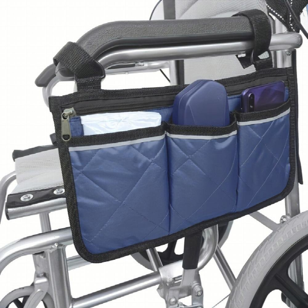 Blue Wheelchair Side Armrest Bag Portable Versatile Storage Hanging Bag Wheelchair Pouch With Side Pockets