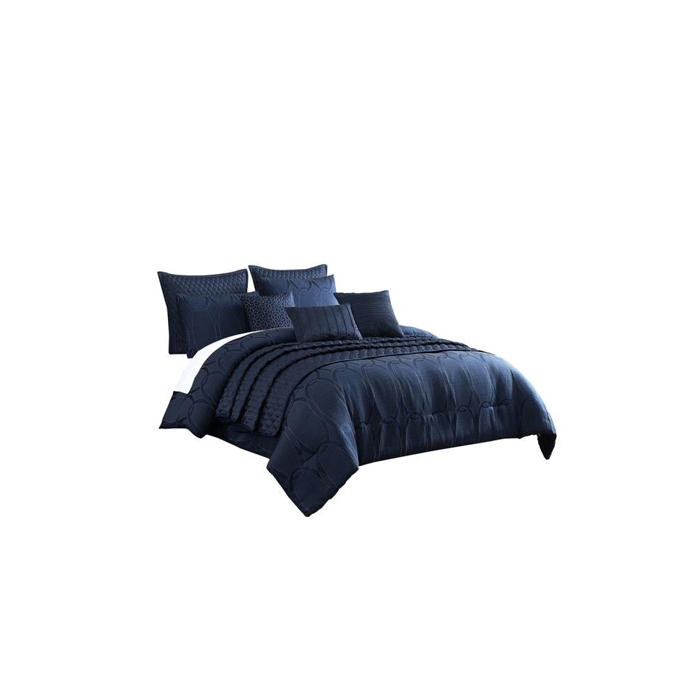 Polyester Comforter Set with Geometric Oblong Print, Dark Blue - King Size - 10 Piece