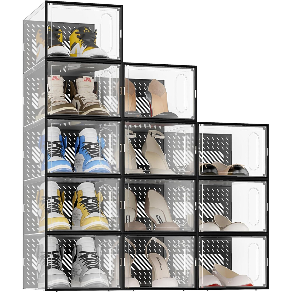 (12 pcs, Black) Stackable Shoe Boxes, 12 Pcs Fit up to UK Size 11,Clear Hard Plastic Shoe Storage Organizer with Magnetic Door,Foldable and Versatile Containers Bins