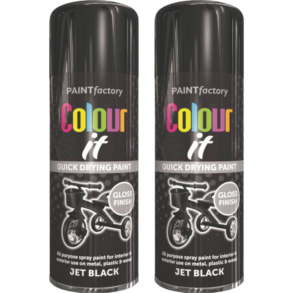 2 x 400ml Jet Black Gloss Spray Paint All Purpose Aerosol Metal & Wood