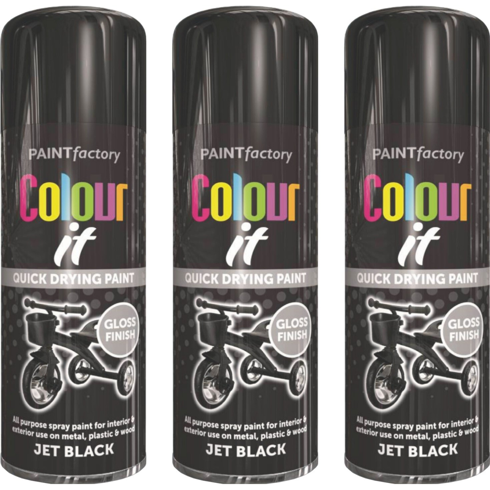 3 x 400ml Jet Black Gloss Spray Paint All Purpose Aerosol Metal & Wood