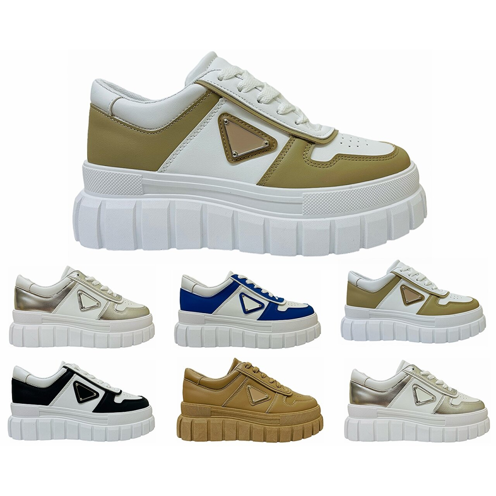 (UK 4 / EU 37 / US 6, Khaki) Women's Platform Chunky Sole Lace Up Trainers
