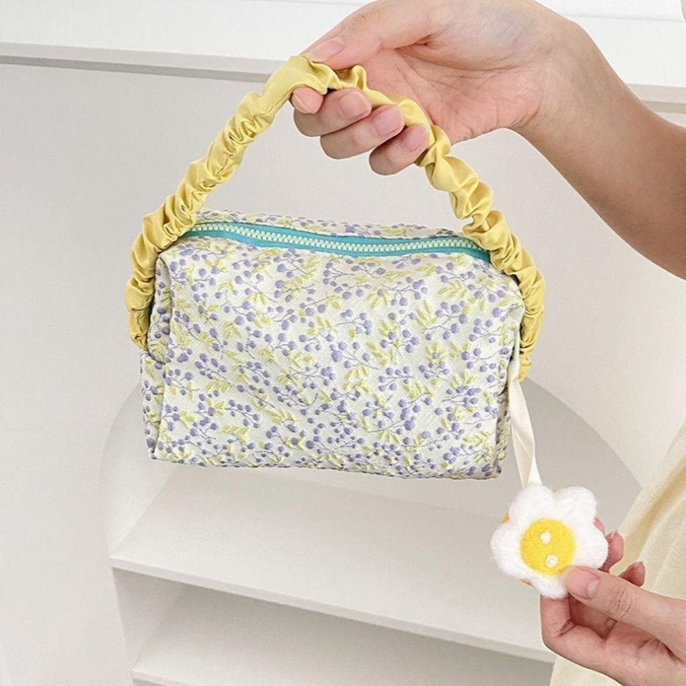 Flower Pattern Cosmetic Bag Ruche Top Handle Zipper Satchel Bag Lightweight Colorblock Handbag