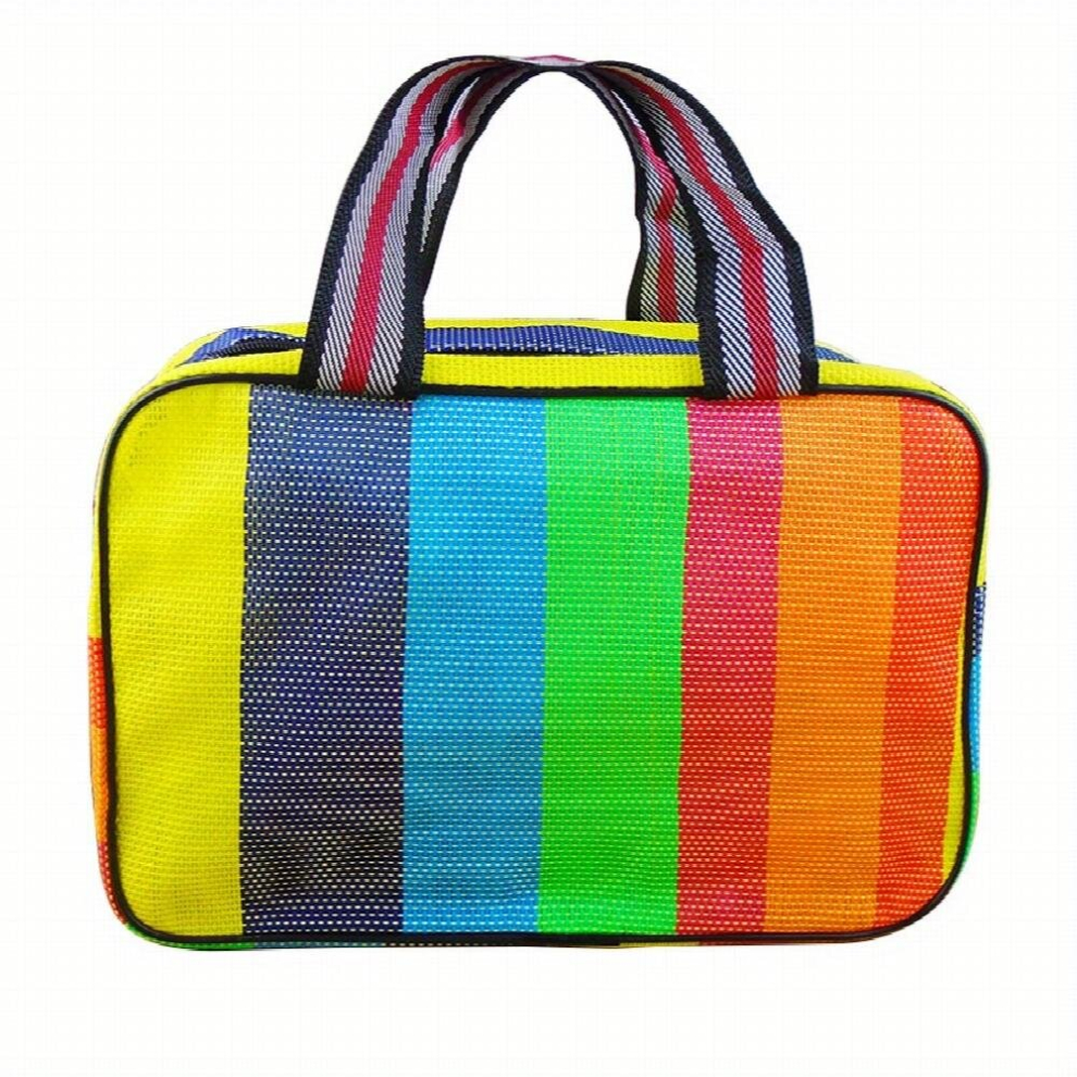 Handheld Striped Cube Cosmetic Bag Fabric Makeup Storage Organizer Lightweight Portable Travel Toiletry Bag