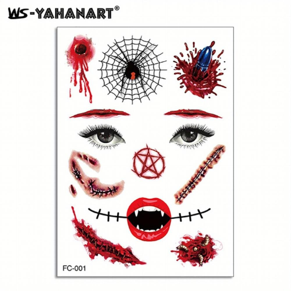 1pc Halloween Tattoo Face Stickers Colorful Stereo Face Horror Mouth Scar Waterproof Tattoo Stickers