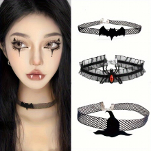 2 3pcs Halloween Chain Spider Lace Bat Witch Hat Gothic Classic Collar Clavicle Chain Necklace Y2k Perfect For Costume Party