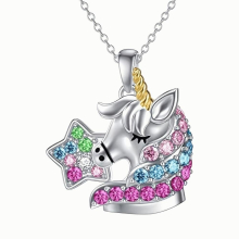 Creative Colorful Rhinestone Star And Moon Unicorn Pendant Necklace Girl Fantasy Unicorn Princess Pendant Decoration Birthday Party Jewelry Gift