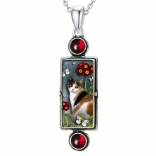 Retro Kitten Pendant Necklace Cat Pattern Pendant With Red Faux Gemstone Jewelry Gift