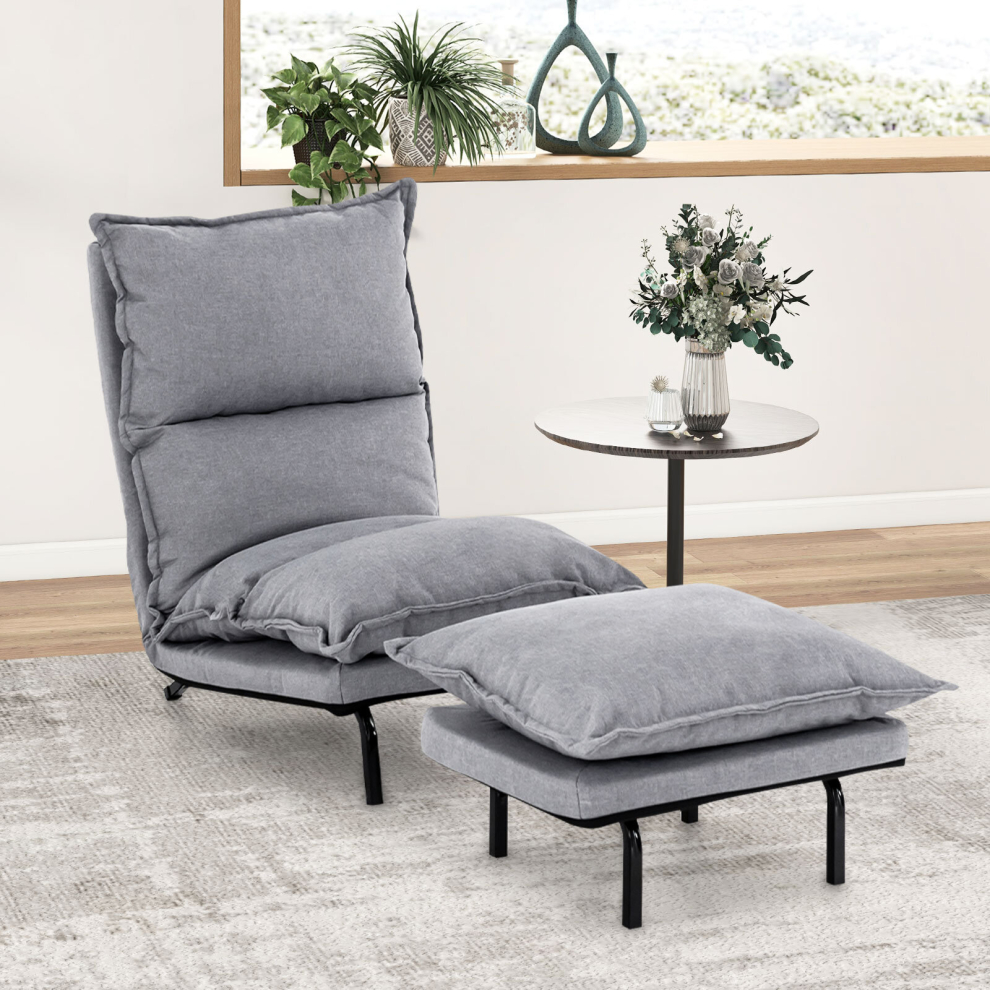 Armless Accent Chair W/ Ottoman Faux Linen Fabric Leisure Chair Adjustable Back