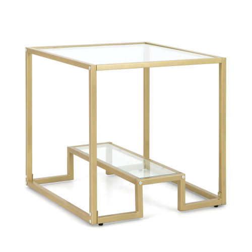 Casart 2-Tier Square Side Table Sofa End Snack Table Nightstand Tempered Glass Tabletop 1