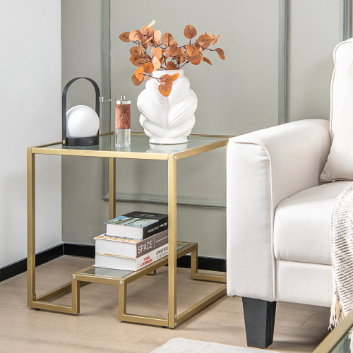 Casart 2-Tier Square Side Table Sofa End Snack Table Nightstand Tempered Glass Tabletop