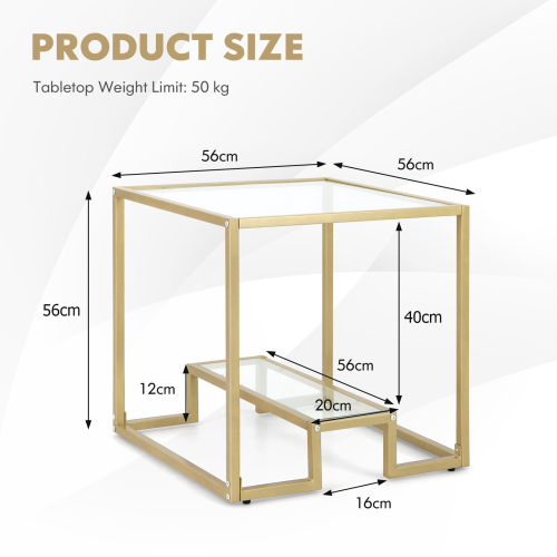 Casart 2-Tier Square Side Table Sofa End Snack Table Nightstand Tempered Glass Tabletop 2