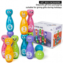 Childrens Bowling Toy Set With Cartoon Fun Expressions And Pad Printing Technology That Does Not Fade Or Paint Off The Packaging 10 Bottles And 2 Bal