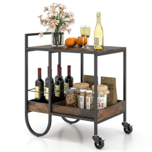 Industrial Bar Trolley Cart Rolling Buffet Serving Cart W/ Metal Wire Wine Rack