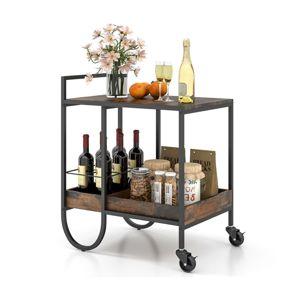 Industrial Bar Trolley Cart Rolling Buffet Serving Cart W/ Metal Wire Wine Rack