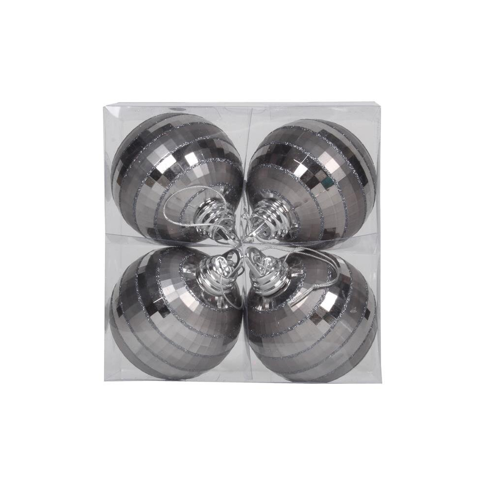 4 in. Pewter Plastic Shiny & Matte Mirror Ball Ornament with Matching Glitter  4 per Box-image-OPC-PCYDSNS-NEW