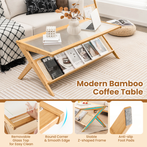 Costway 2-Tier Rectangular Coffee Table Modern Center Bamboo Table with Glass Tabletop 2