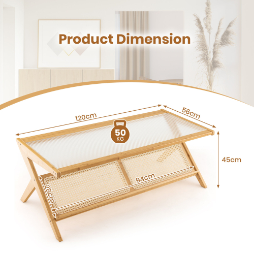 Costway 2-Tier Rectangular Coffee Table Modern Center Bamboo Table with Glass Tabletop 1