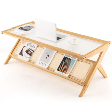 2-Tier Rectangular Coffee Table Modern Center Bamboo Table with Glass Tabletop