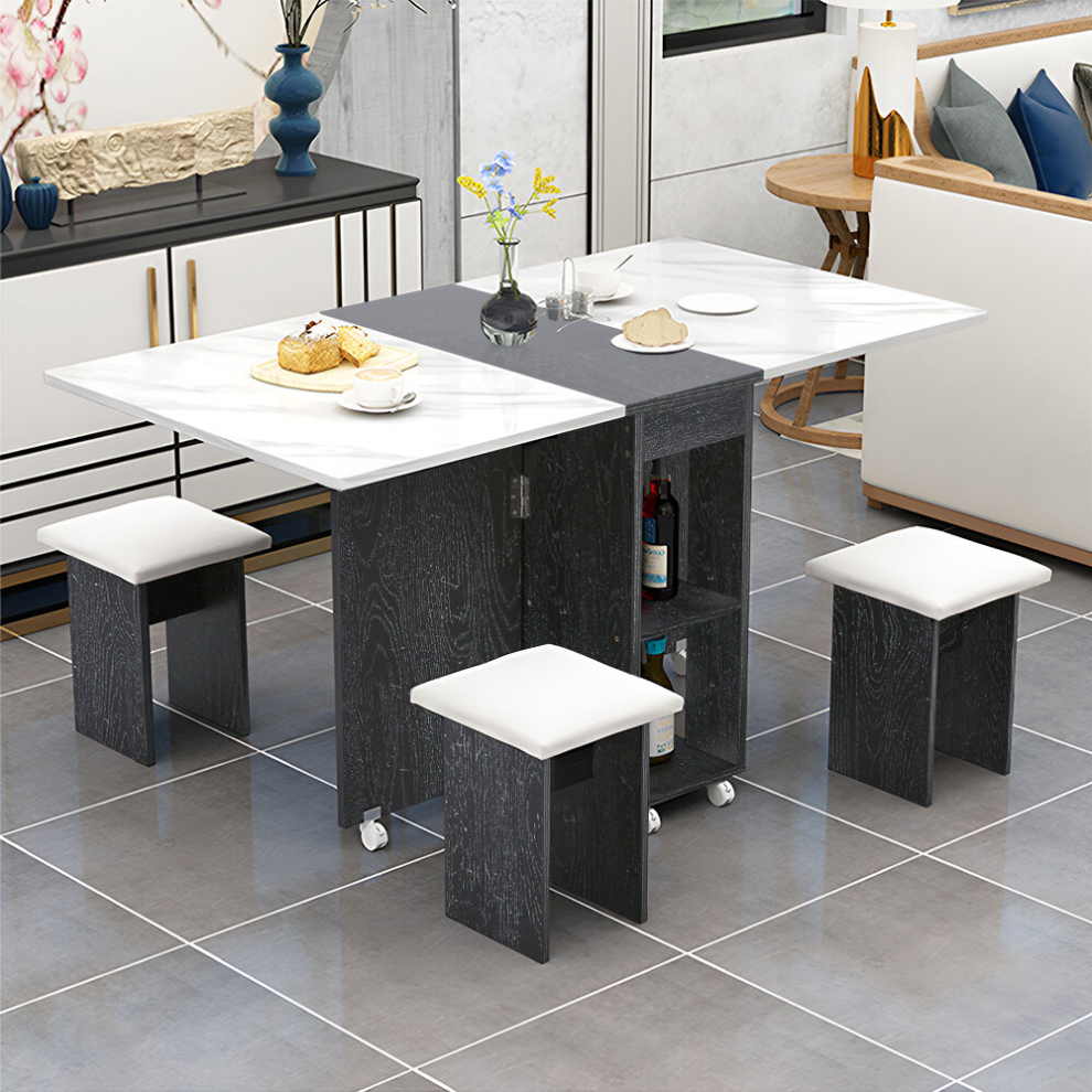 Versatile Expandable Dining Table Set, Drop-Leaf Table with Storage Shelves and Wheels