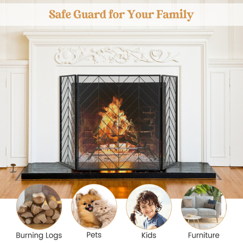 Costway 3-Panel Fireplace Screen Foldable Wrought Metal Iron Mesh Fire Spark Guard 1